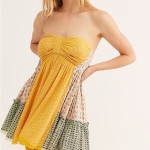 NWOT Free People Strapless Ruched Dress in Yellow and Green